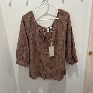 NWT Joie Brown Eyelet Boho Button Up Top Blouse Size Large